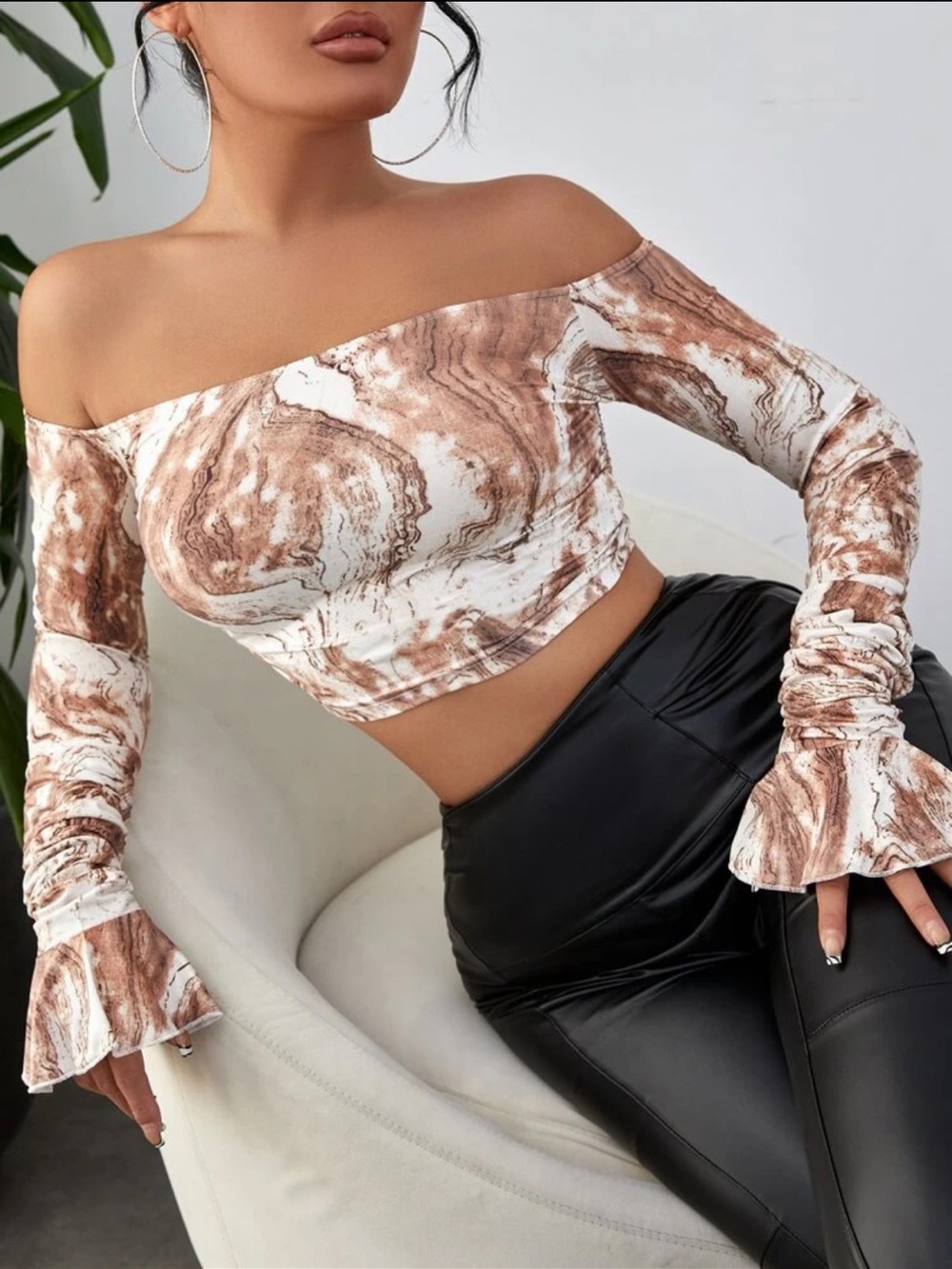 Off-Shoulder Brown Marble Print Crop Top